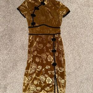Chinese style yellowish gold suede midi dress